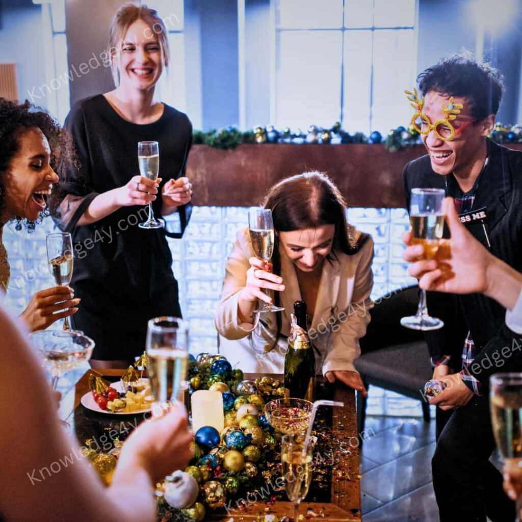 A group of people holding glasses of champagne having a party